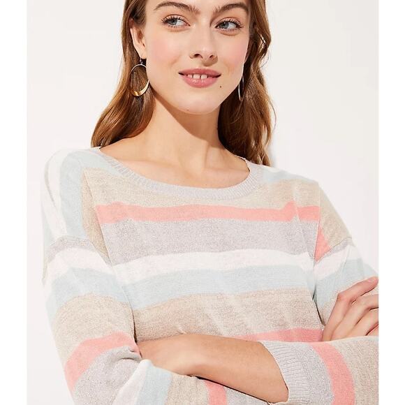 LOFT Shimmer Striped 3/4 Sleeve Sweater Size Small Lightweight Relaxed Fit Linen - Picture 2 of 16